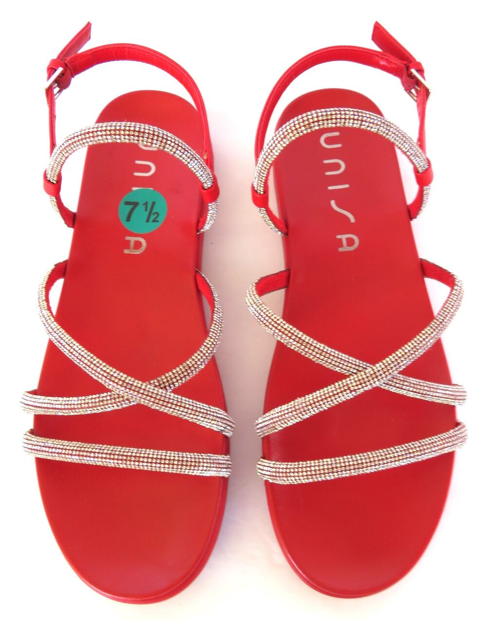 New UNISA Ungaprin Red Strappy Flat Sandals Embellished Glass Stones Sz 7.5